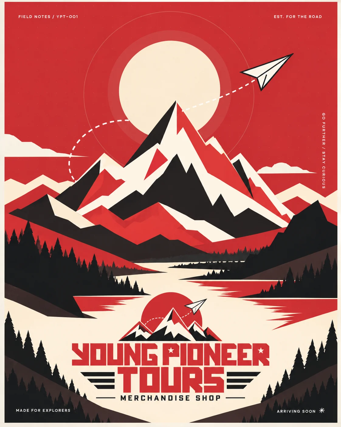 Young Pioneer Tours merchandise shop: red and black illustrated mountains, winding river, paper airplane and arriving soon